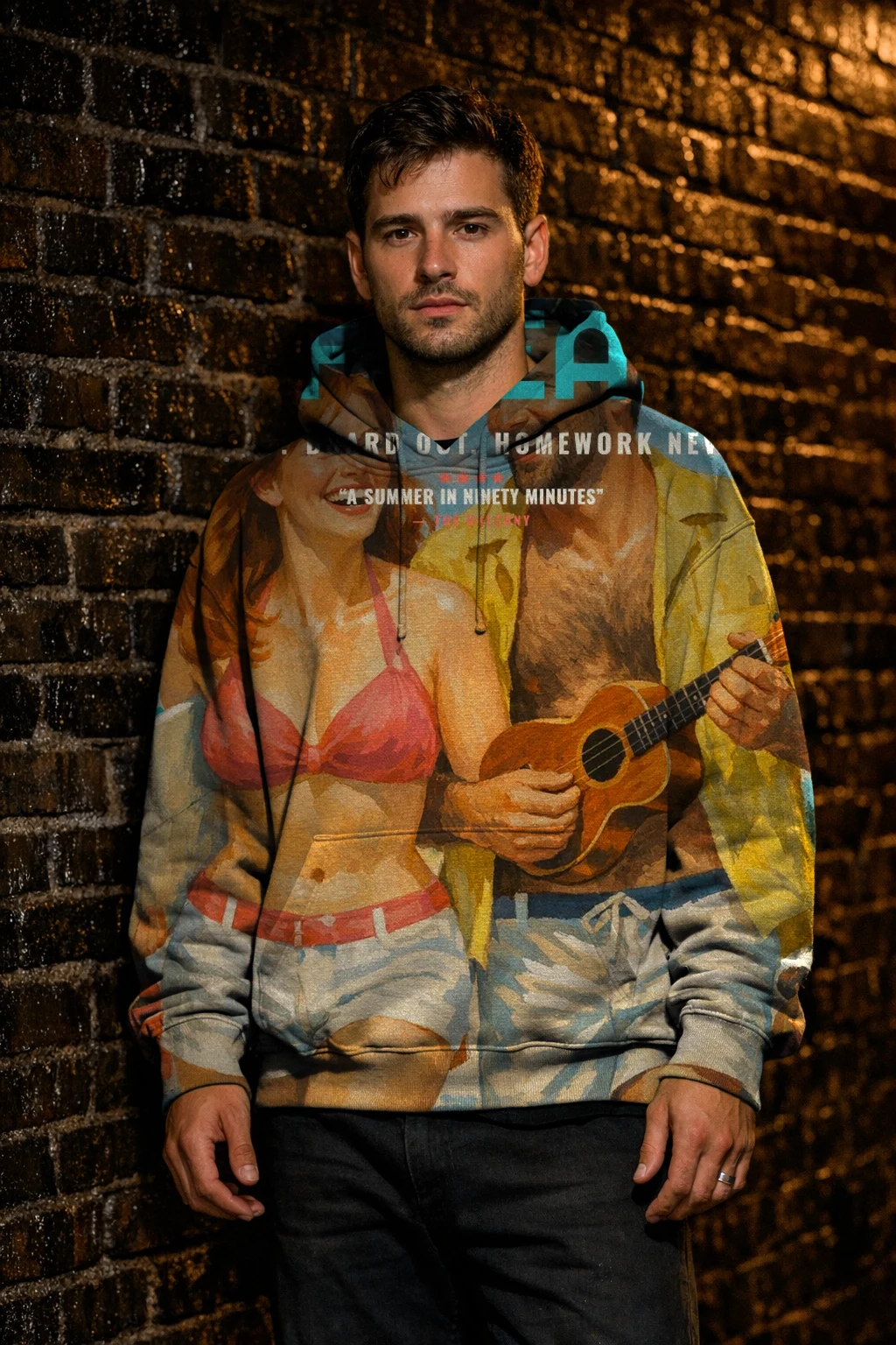 A man against a wet brick wall at night in a hoodie printed edge to edge with the Beach Party 1963 poster of June and Theo