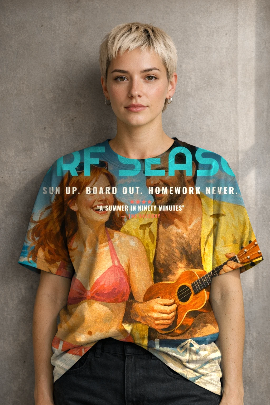 A woman in a T-shirt printed edge to edge with the Beach Party 1963 poster of June and Theo