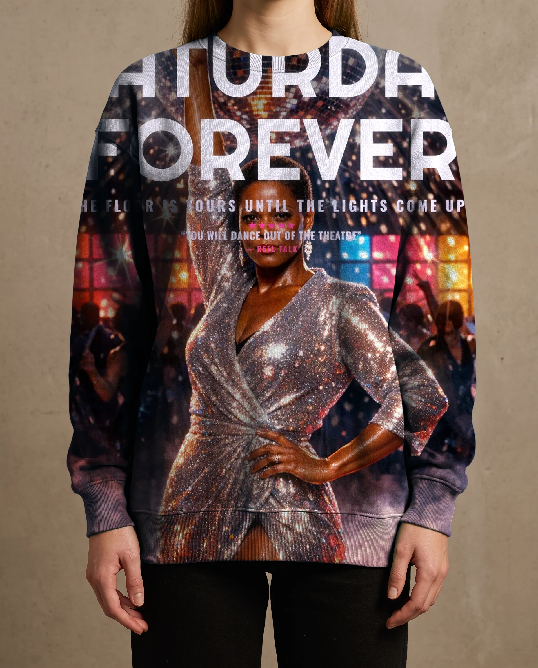 A crewneck sweatshirt printed edge to edge with the Disco 1977 poster of Imani