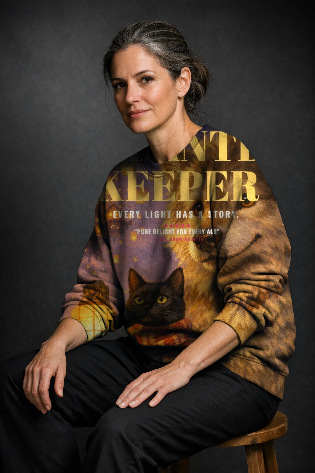 A woman seated on a stool in a sweatshirt printed edge to edge with the Storybook Family poster of Nadia the cat