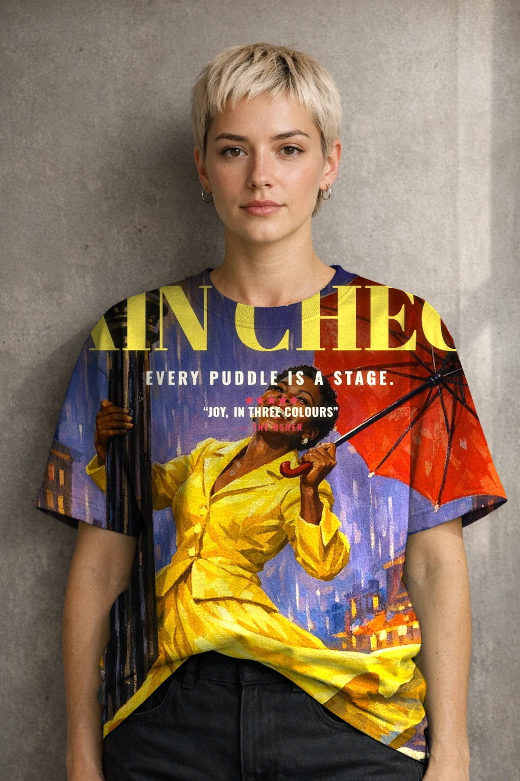 A woman in a T-shirt printed edge to edge with the Technicolor Musical poster of Imani