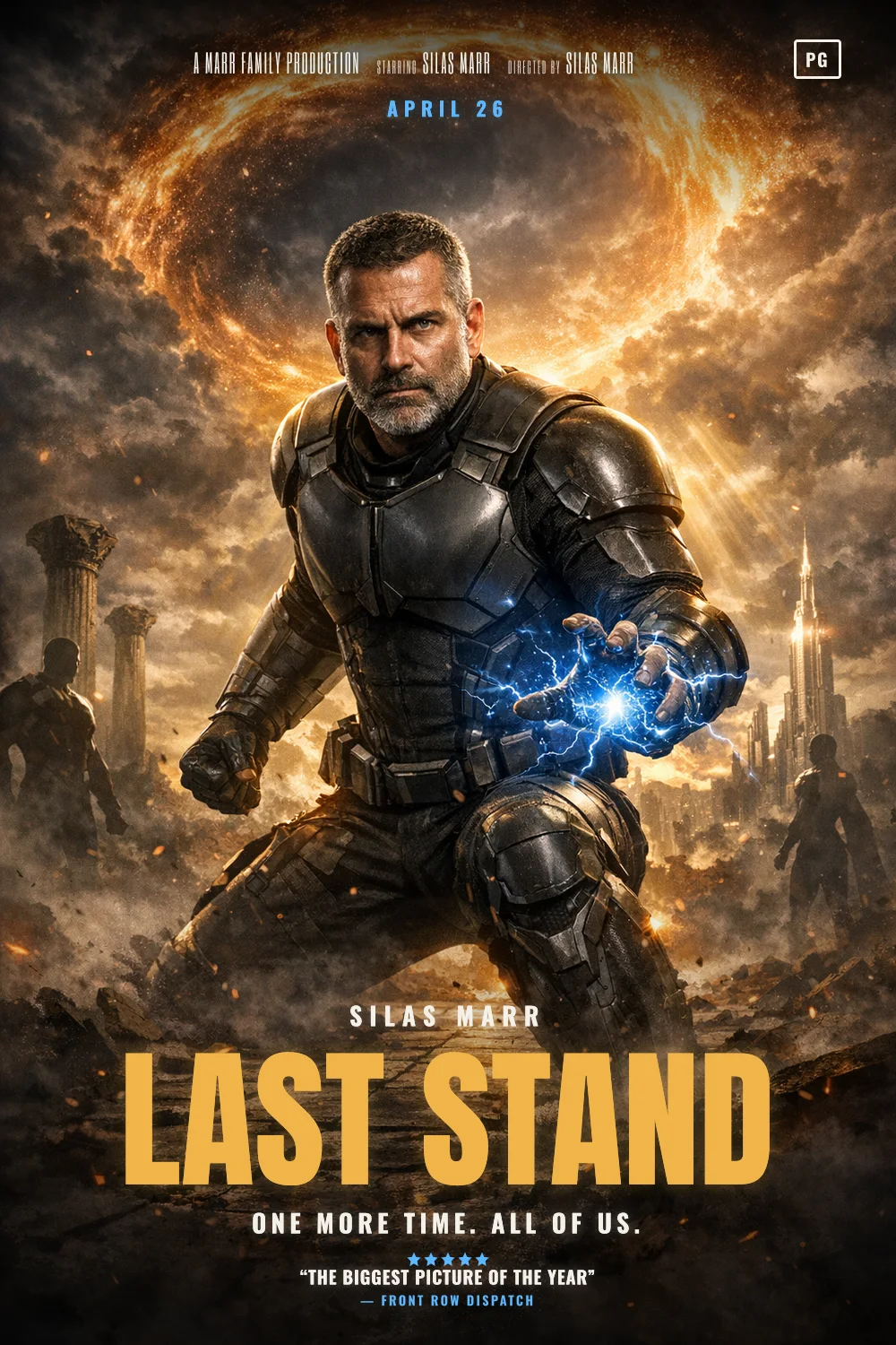 Silas as the lead of a Assembled 2019 poster: A hero pose in a ruined plaza, beams of light, a portal in the sky