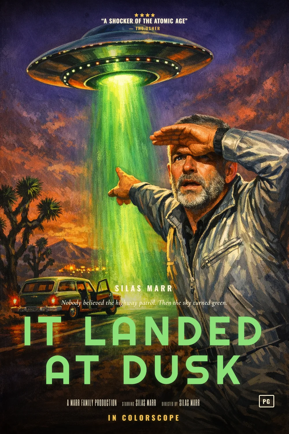 Silas as the lead of a Atomic Saucer 1955 poster: Painted pulp, a flying saucer over the desert, a ray of green light