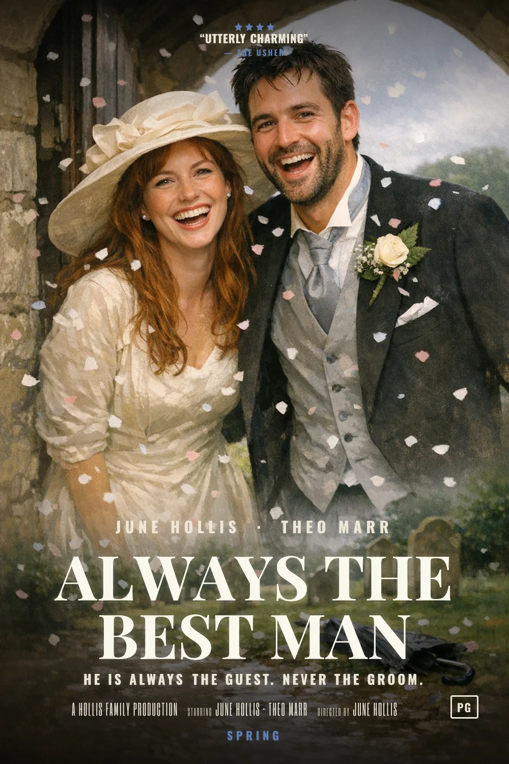 June & Theo as the lead of a Four Seasons Rom-Com 1994 poster: Morning suit, confetti, English rain, a grin at the door