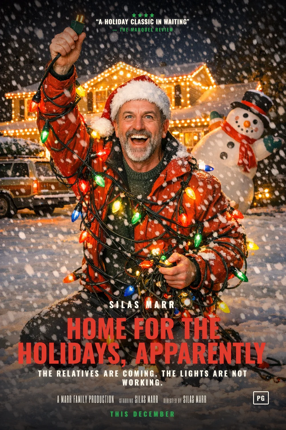 Silas as the lead of a Christmas Chaos 1989 poster: Suburban holiday comedy, tangled bulbs, a roof and a grin