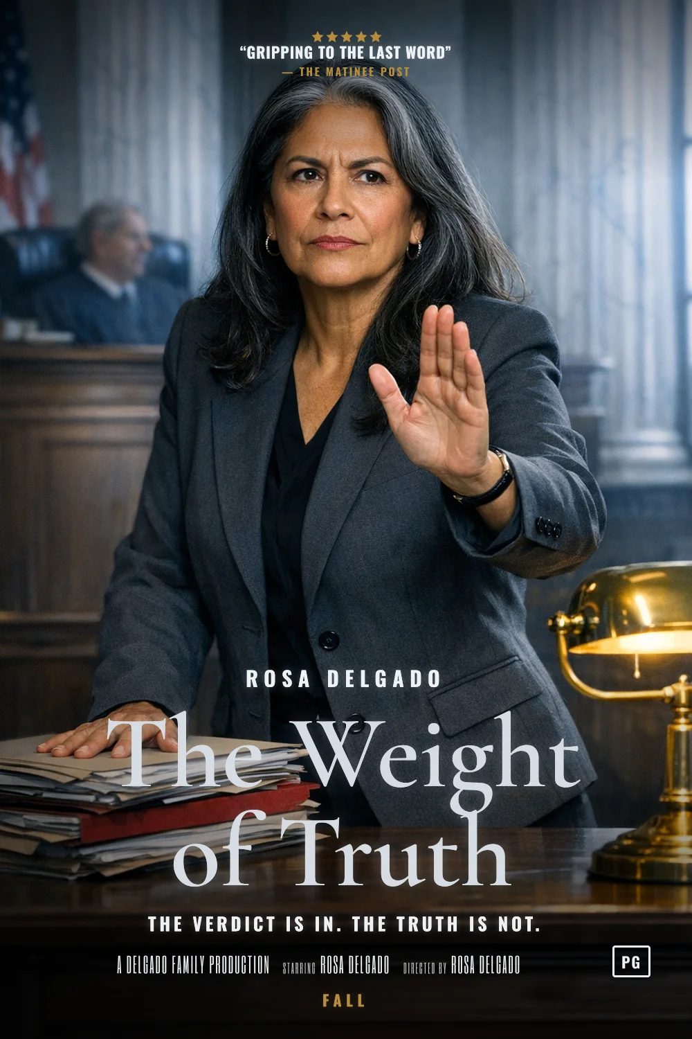 Rosa as the lead of a The Verdict 1993 poster: Legal drama in slate and brass, columns, a single objection