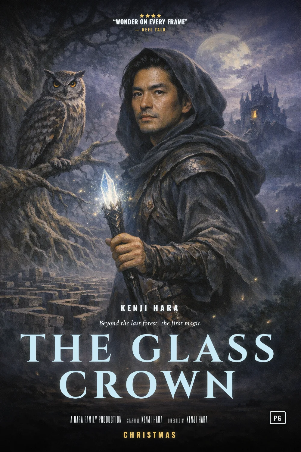 Kenji as the lead of a Dark Fantasy 1982 poster: Misty painted fantasy, crystal light, a labyrinth behind