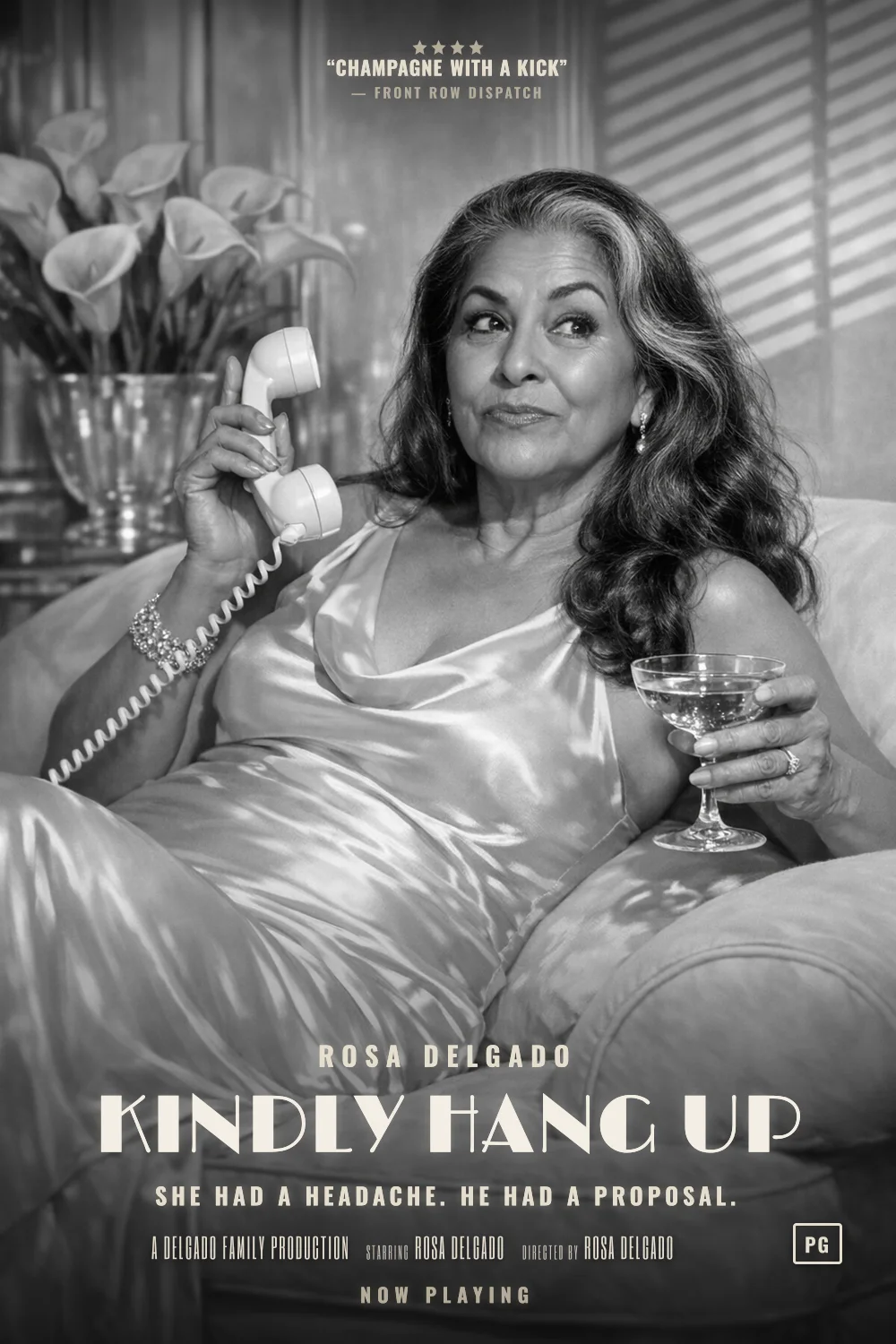 Rosa as the lead of a Drawing-Room Comedy 1934 poster: Black and white, satin, a white telephone and a champagne coupe