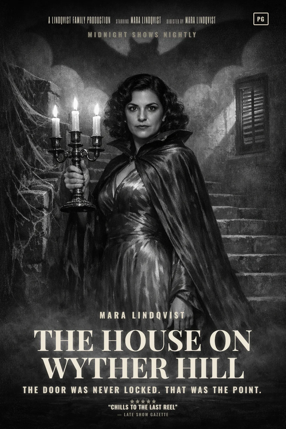 Mara as the lead of a Gothic Chiller 1932 poster: Black and white, a candelabra, cobwebs, a staircase into the dark