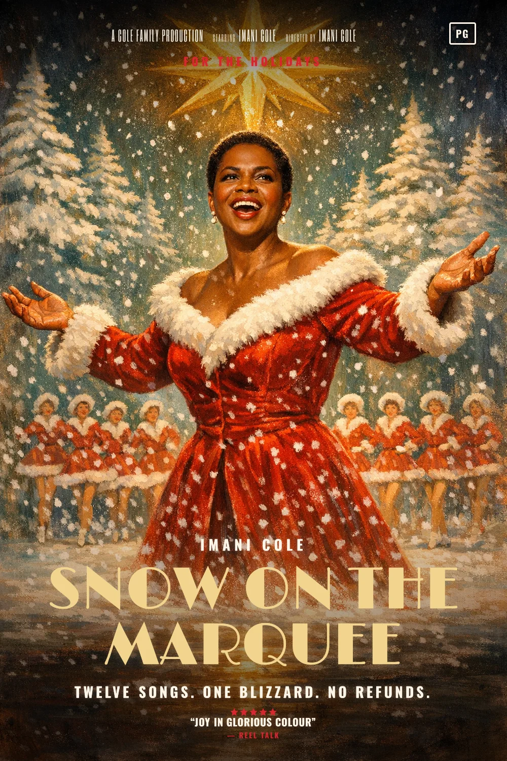 Imani as the lead of a Holiday Musical 1954 poster: Technicolor red velvet, a stage of white trees, a chorus in fur trim