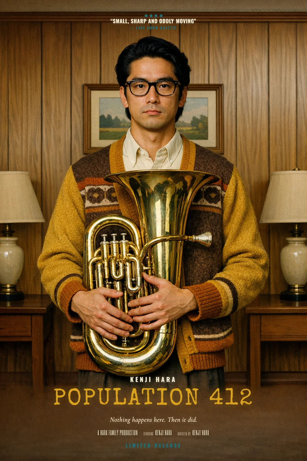 Kenji as the lead of a Small-Town Indie 1996 poster: Deadpan symmetry, mustard and teal, a frame within the frame