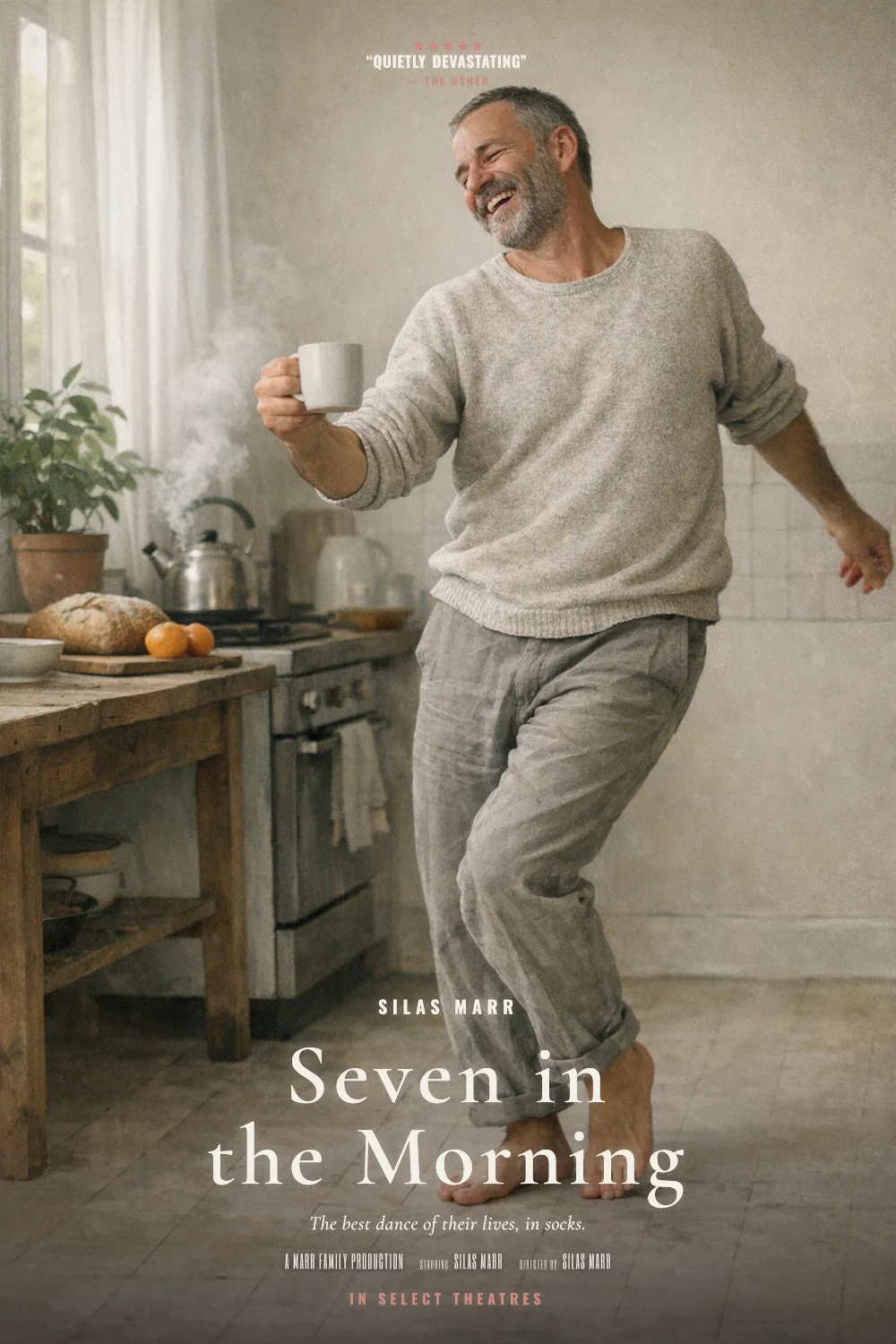 Silas as the lead of a Kitchen Light 2020 poster: Arthouse tenderness, morning light, coffee and a slow turn