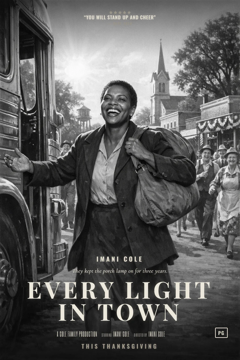 Imani as the lead of a Main Street Homecoming 1947 poster: Black and white, a bus stop, a duffel bag and a whole town running