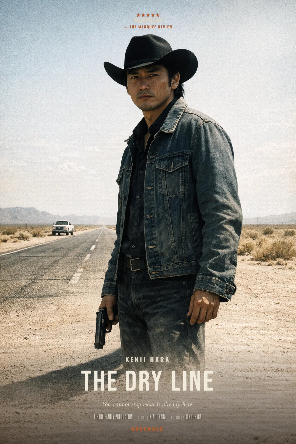 Kenji as the lead of a Desert Neo-Western 2007 poster: Bleached desert, a silhouette on the horizon, dread in daylight