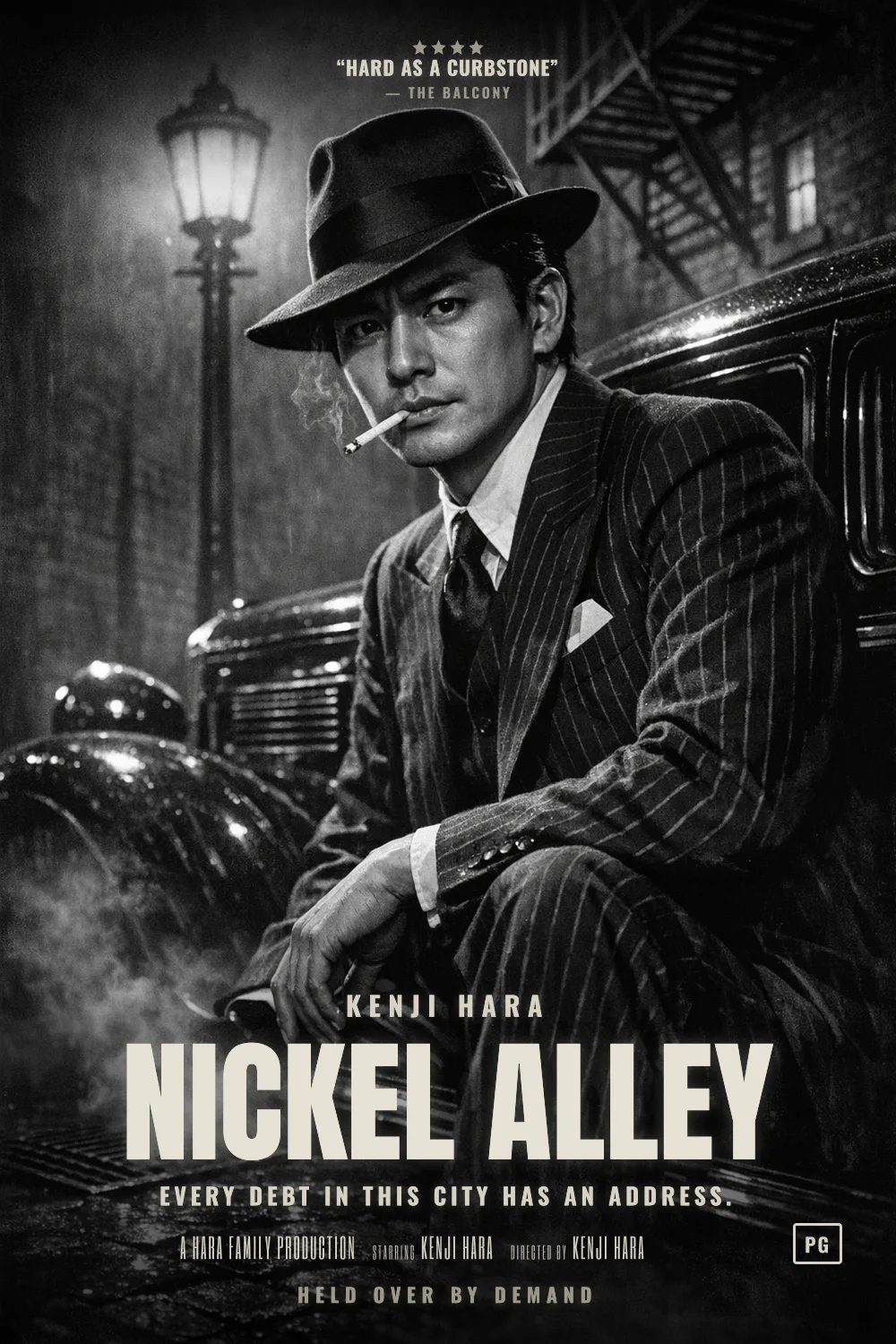 Kenji as the lead of a Pre-Code Gangster 1931 poster: Black and white, a fedora brim, wet cobbles and a getaway car