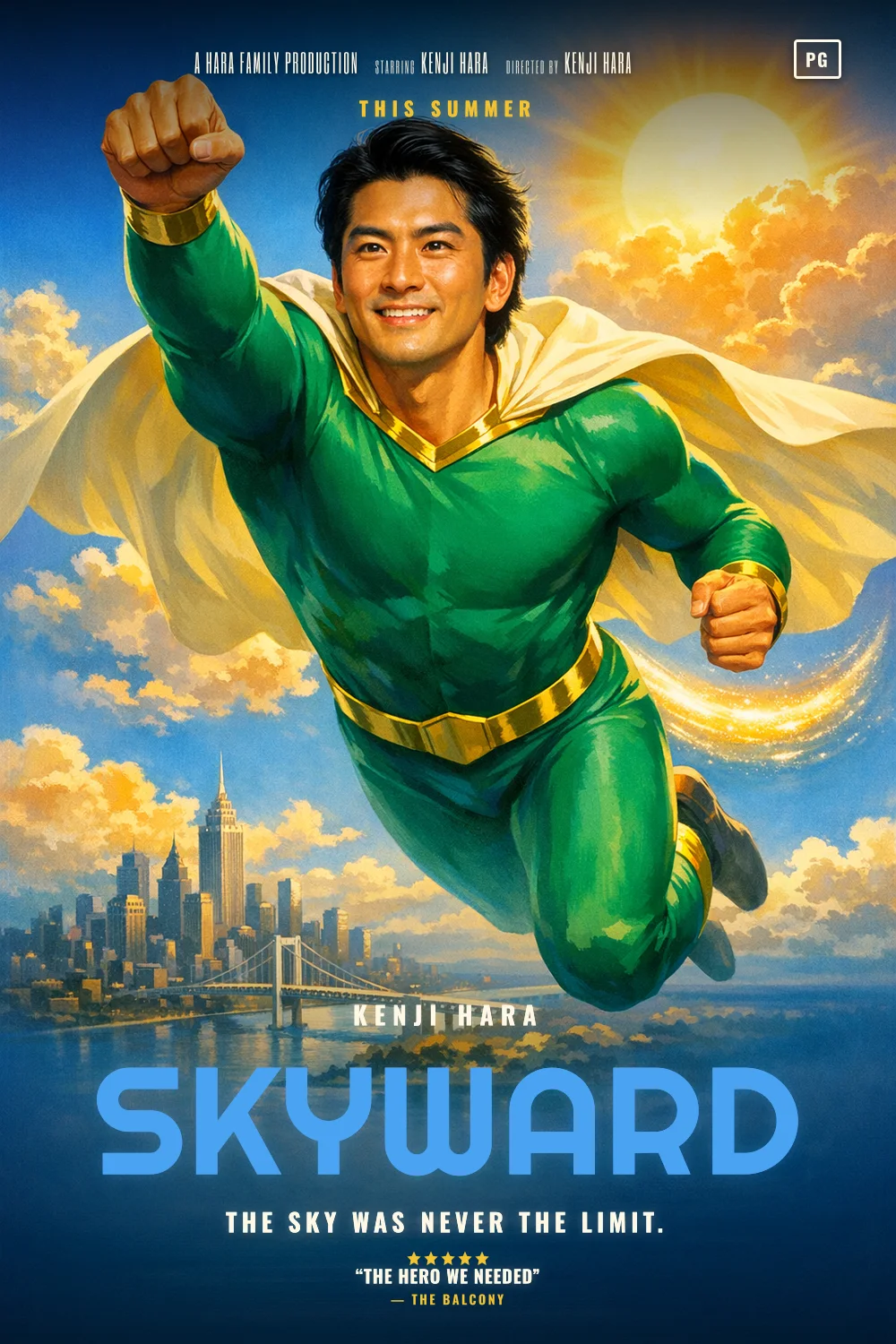Kenji as the lead of a Bright Cape Hero 1978 poster: Bright airbrushed emerald and gold, a cream cape, a city far below