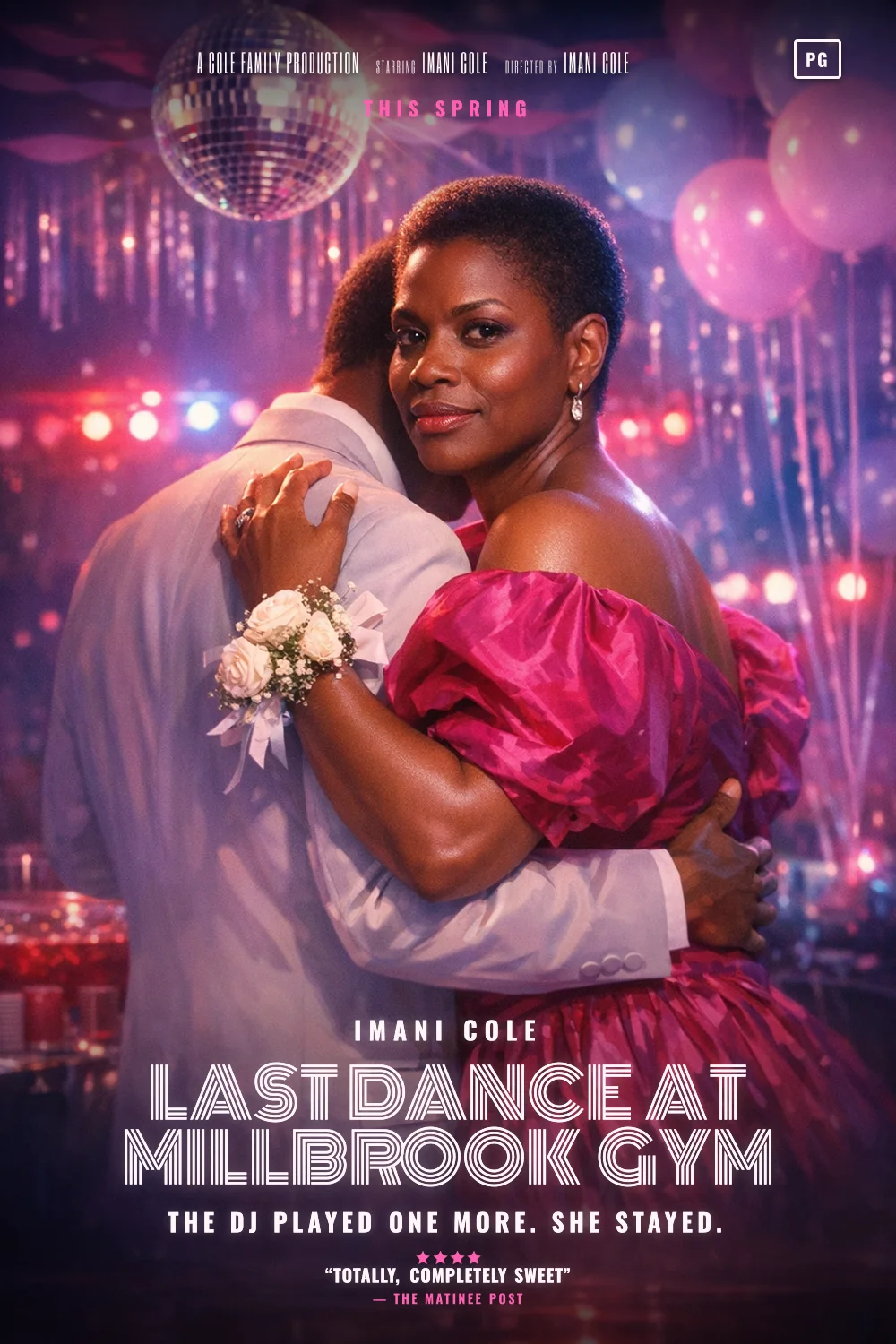 Imani as the lead of a Prom Night 1986 poster: A school gym, pink neon, balloons and a slow dance