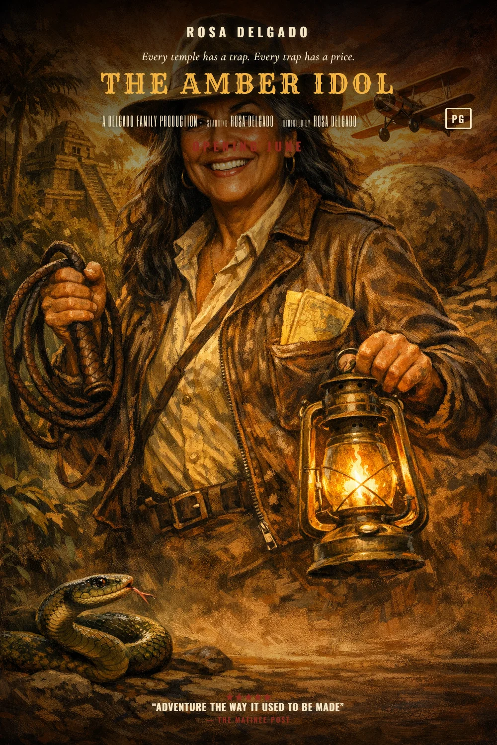 Rosa as the lead of a Pulp Adventure 1981 poster: Painted serial-adventure montage, temple, torch and whip