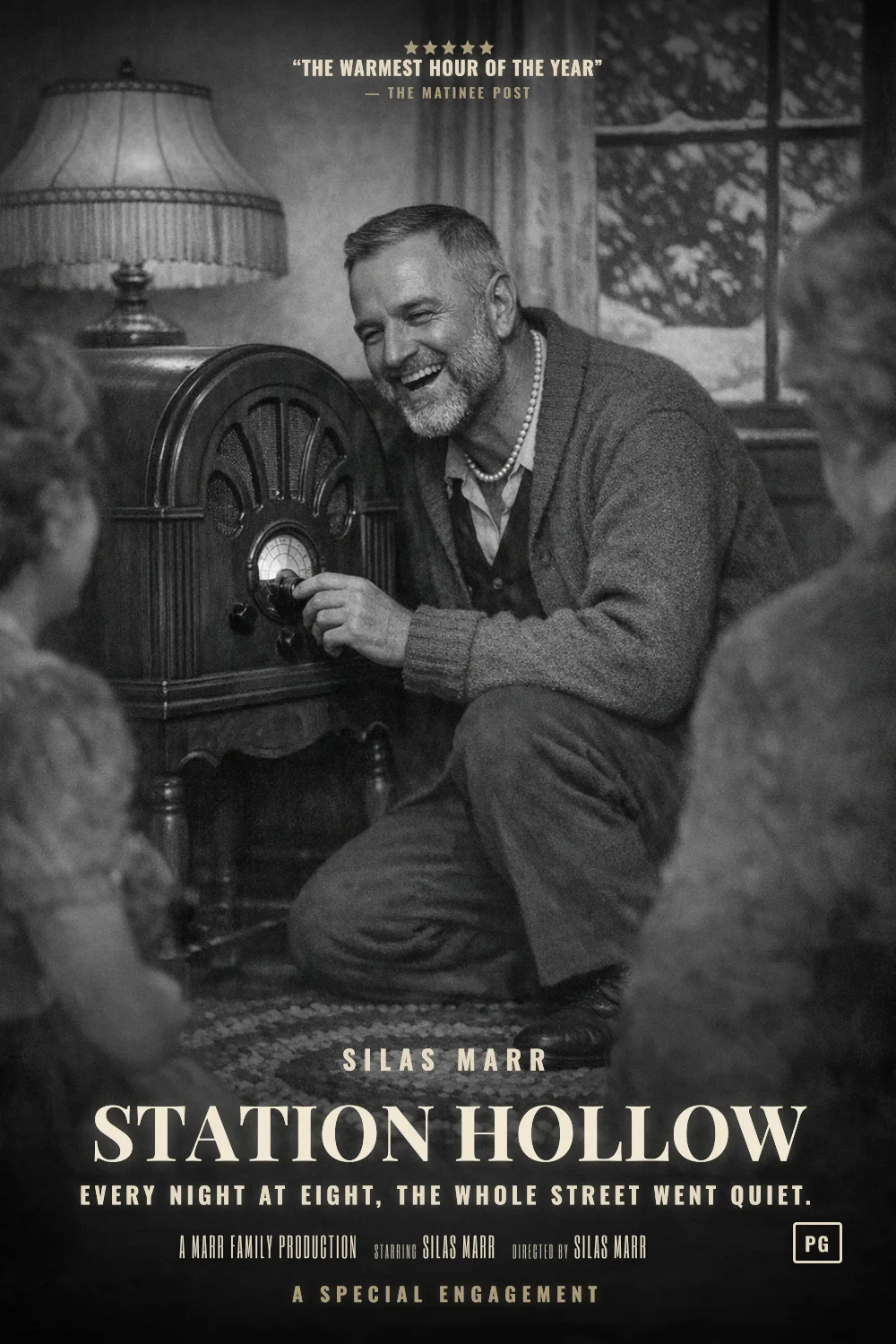 Silas as the lead of a Radio Hour 1940 poster: Black and white, a parlour radio, lamplight and a family leaning in