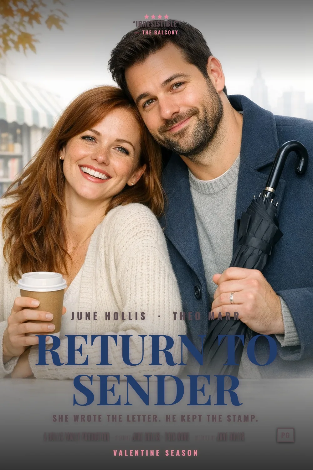 June & Theo as the lead of a The Rom-Com 1998 poster: White ground, warm faces, floating heads and a city skyline