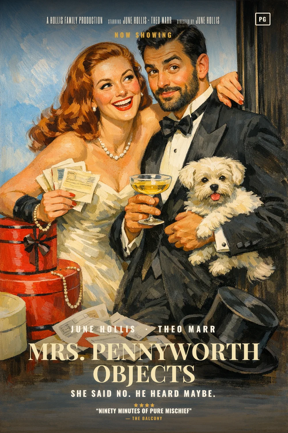 June & Theo as the lead of a Screwball 1938 poster: Caricature-touched painted comedy sheet, champagne colours