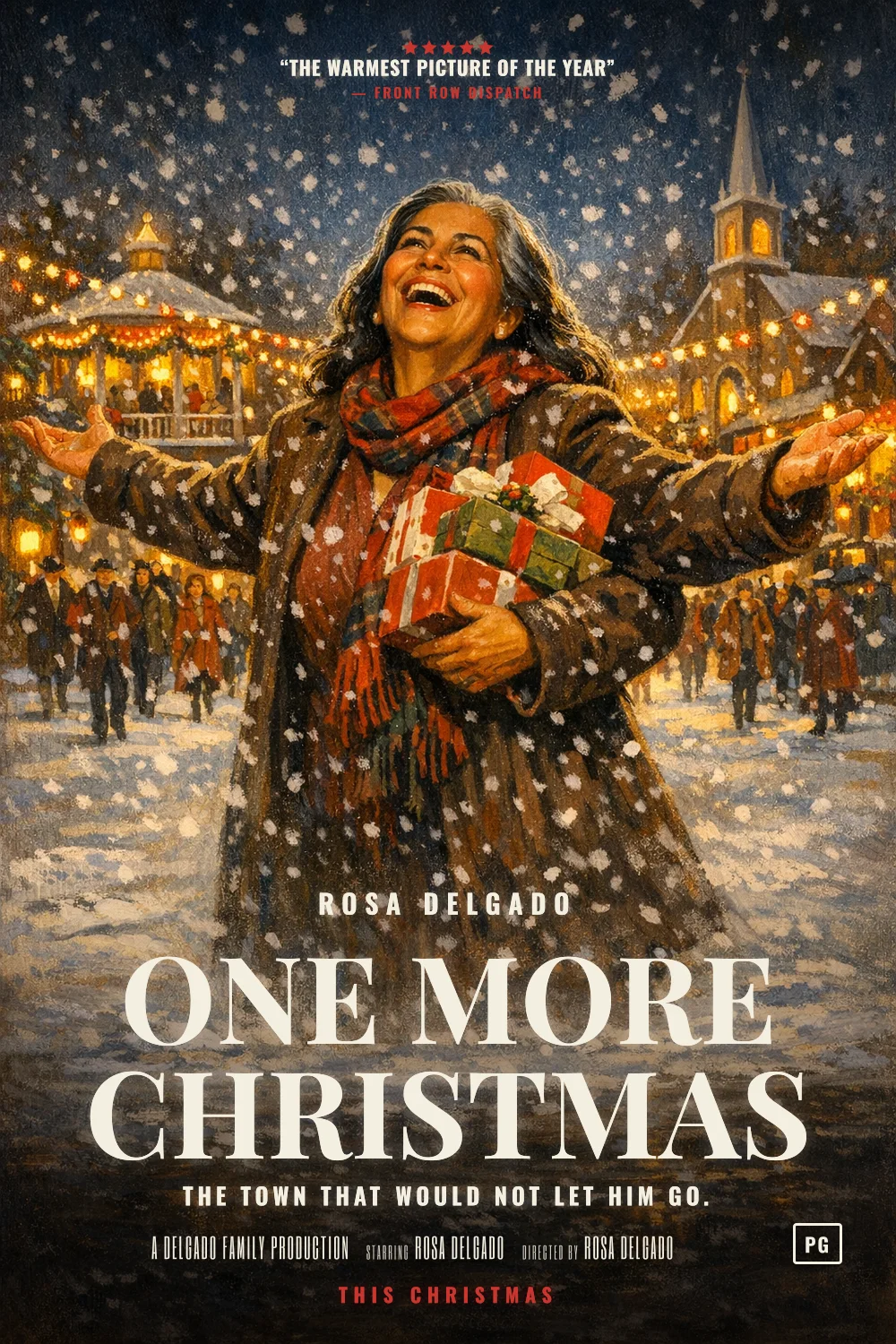 Rosa as the lead of a Snowbound Christmas 1946 poster: Hand-painted small-town Christmas, warm windows, falling snow