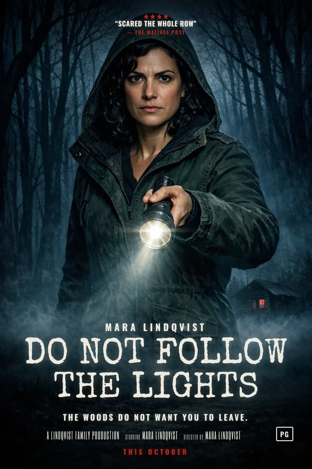Mara as the lead of a Horror Forest poster: Photographic. A flashlight beam, bare trees, fog to the knees
