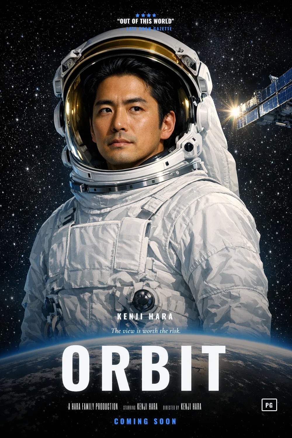 Kenji as the lead of a Space Suit poster: Photographic. A white suit, a raised visor, the blue planet behind