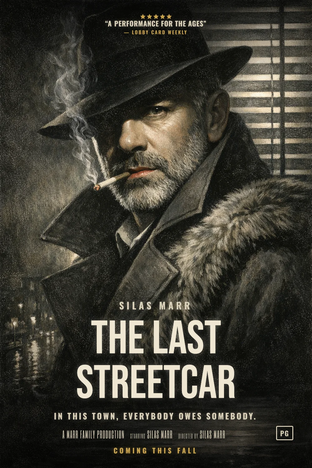 Silas as the lead of a Studio Noir 1944 poster: Hard key light, venetian shadow, cigarette-smoke monochrome