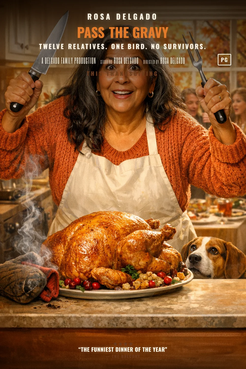 Rosa as the lead of a Thanksgiving Table 1995 poster: A turkey, a burning oven mitt, six relatives and one very long table