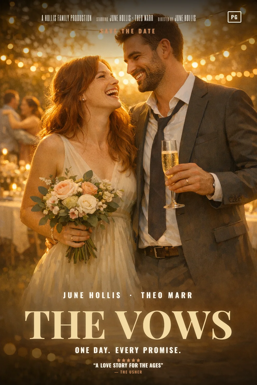June & Theo as the lead of a The Wedding Epic 2022 poster: Golden-hour romance sheet, a dance floor, fairy lights, a kiss held