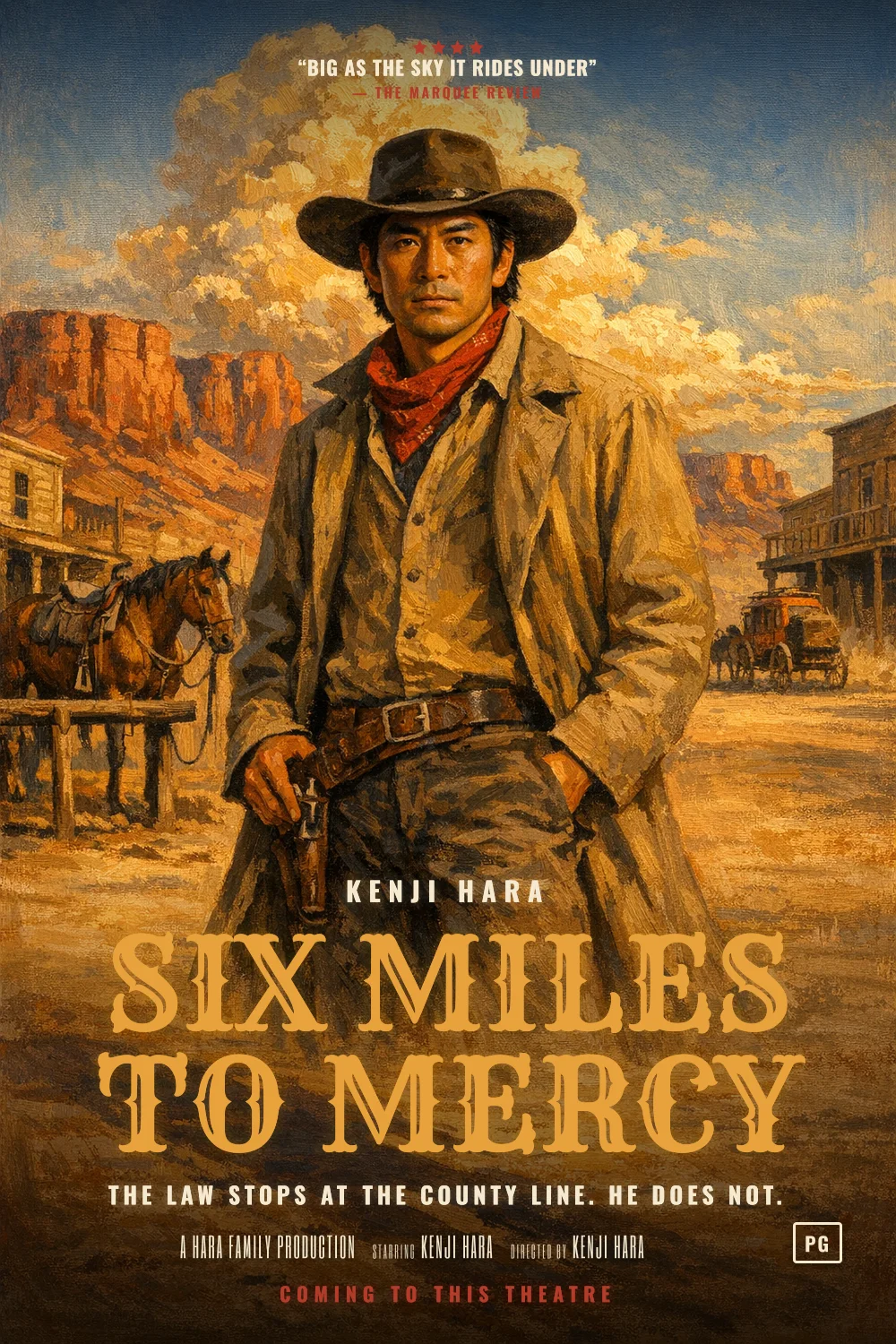 Kenji as the lead of a The Western 1959 poster: Painted frontier one-sheet, Monument-red rock, dust and gold